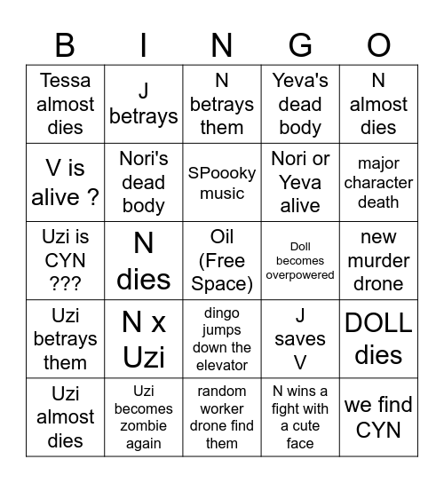 Murder Drones ep.7 Bingo Card