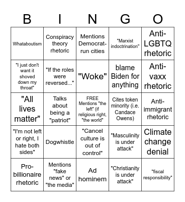 Right Wing Talking Point Bingo Card