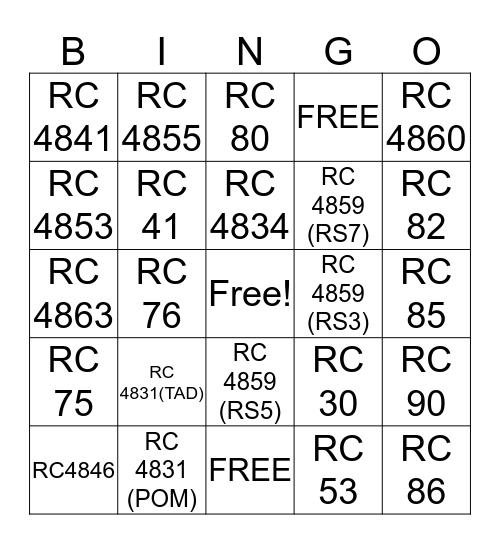 HVSD REASON CODES Bingo Card