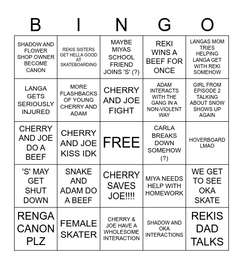 SK8 SEASON 2 Bingo Card