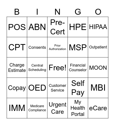 Patient Access Bingo Card