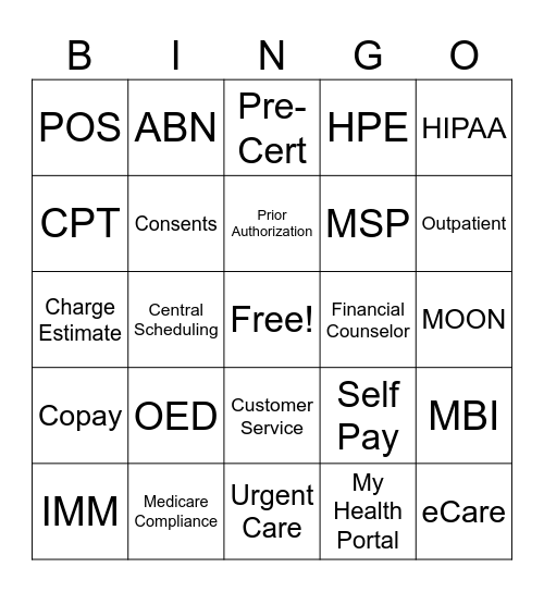 Patient Access Bingo Card