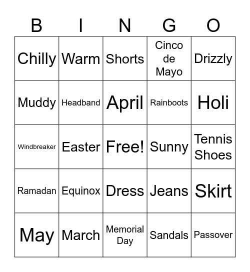 Spring Vocabulary Bingo Card