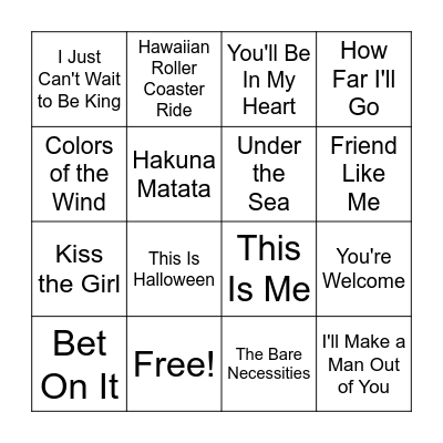 Disney Music Bingo Card