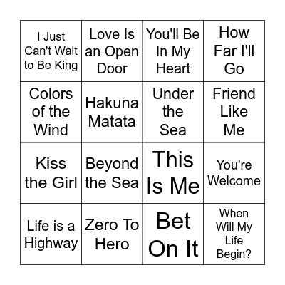 Disney Music Bingo Card