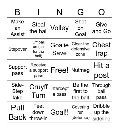 Soccer Skills Bingo Card