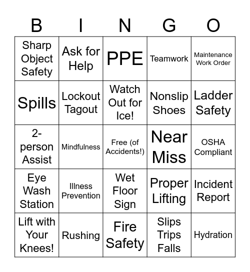 Nursing Home Safety Bingo Card