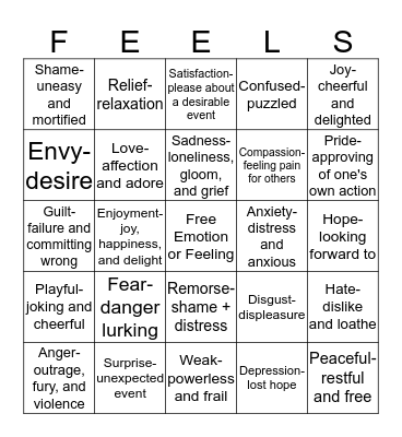 Learning Emotions and Feelings Bingo Card