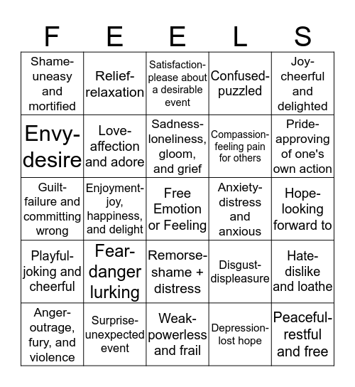 Learning Emotions and Feelings Bingo Card