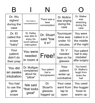 Surgeon/PA/Anesthesia BINGO Card