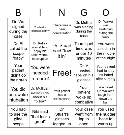 Surgeon/PA/Anesthesia BINGO Card