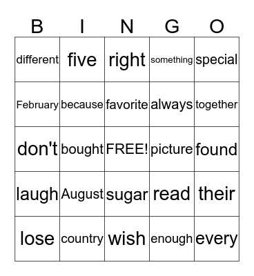 Sight Word Bingo Card