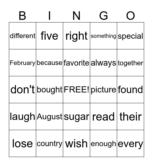 Sight Word Bingo Card