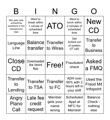 Friday Fun Bingo Card