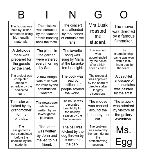 Passive/Active Bingo Card