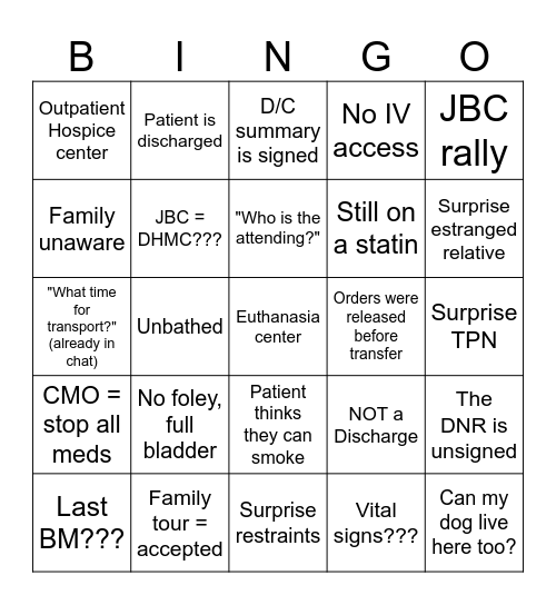 JBC Transfer Bingo Card