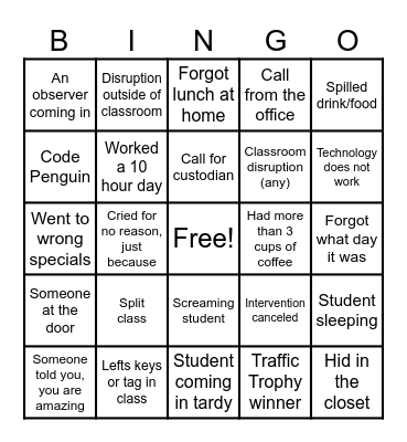 Teacher Tired Bingo Card