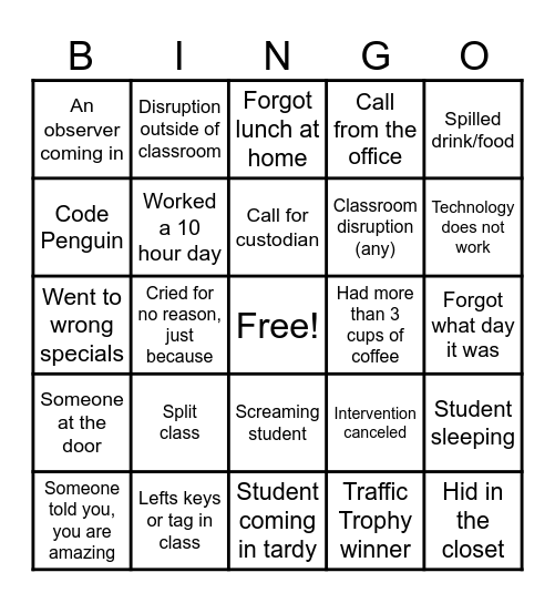 Teacher Tired Bingo Card