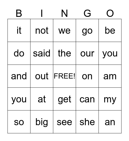 Kindergarten Bingo Card