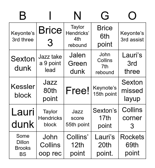Jazz VS Rockets Bingo Card