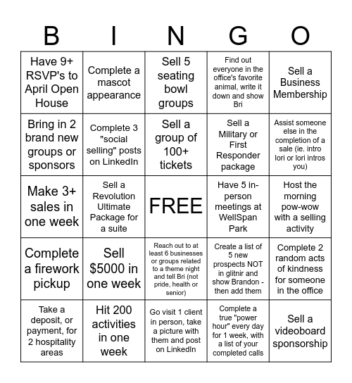 April Sales Bingo Card