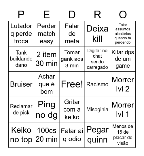 BINGO DO PEDRO Bingo Card