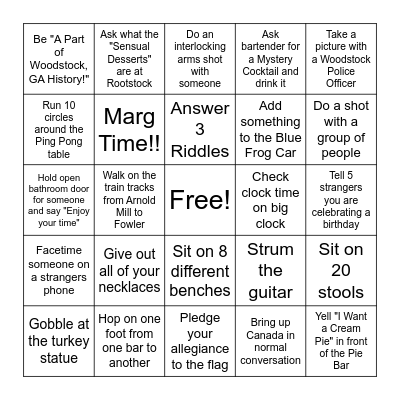 Woodstock Bar Hop Bingo Card
