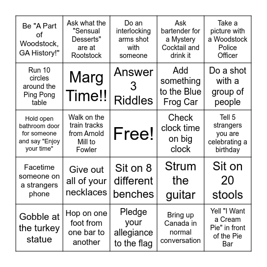 Woodstock Bar Hop Bingo Card