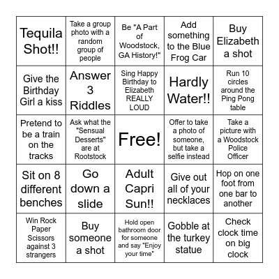 Woodstock Bar Hop Bingo Card