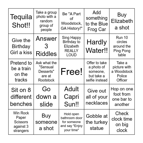 Woodstock Bar Hop Bingo Card