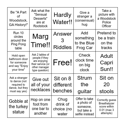 Woodstock Bar Hop Bingo Card