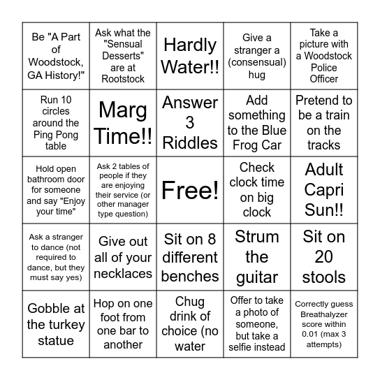 Woodstock Bar Hop Bingo Card