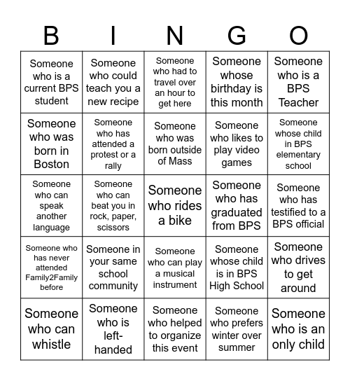 Family2Family Bingo Card