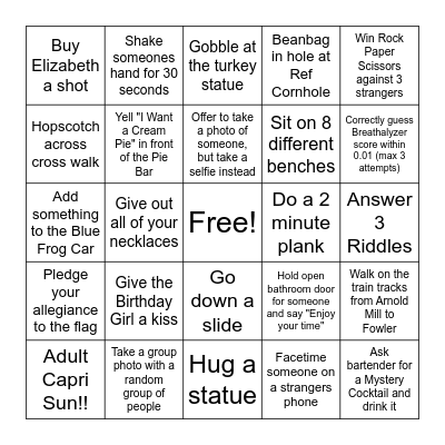 Woodstock Bar Hop Bingo Card