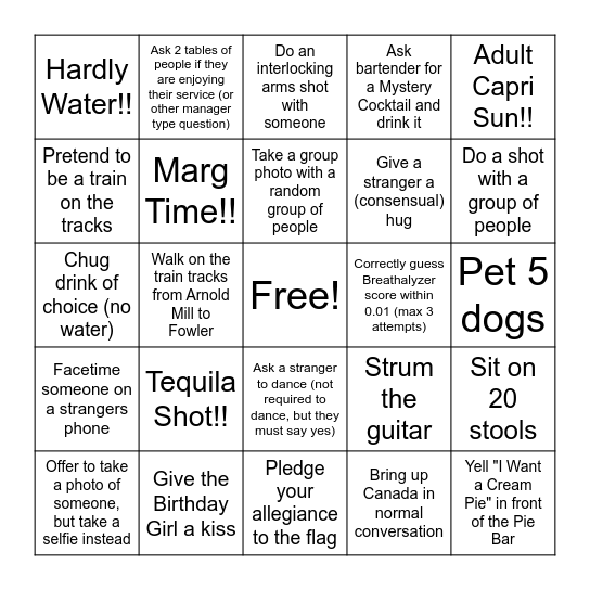 Woodstock Bar Hop Bingo Card