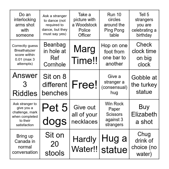 Woodstock Bar Hop Bingo Card