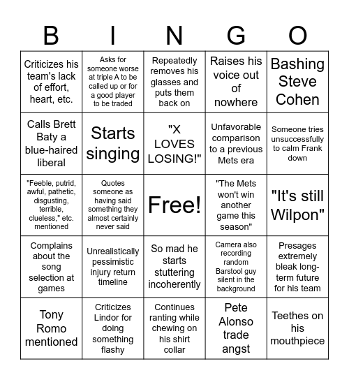 FRANK THE TANK BINGO Card