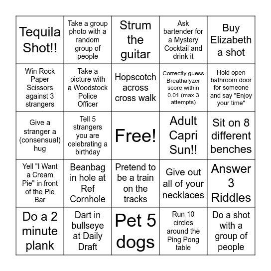 Woodstock Bar Hop Bingo Card