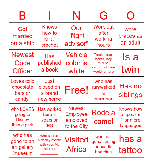 COMMUNITY DEVELOPMENT STAFF BINGO Card
