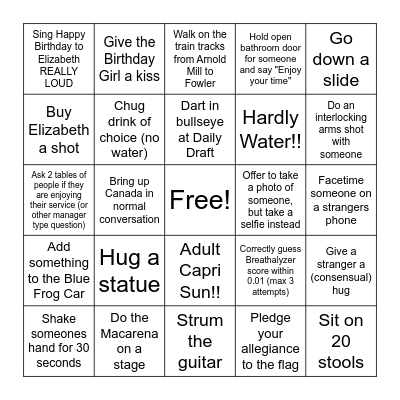 Woodstock Bar Hop Bingo Card