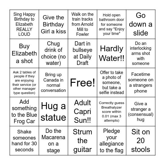 Woodstock Bar Hop Bingo Card