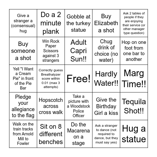 Woodstock Bar Hop Bingo Card