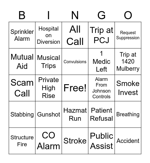 Fire Dispatch Bingo Card