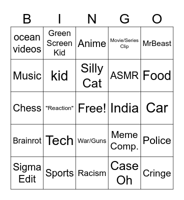yt shorts Bingo Card
