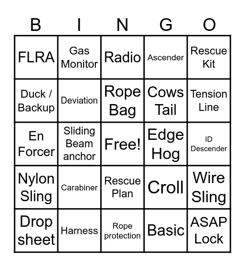 Rope Access Bingo Card