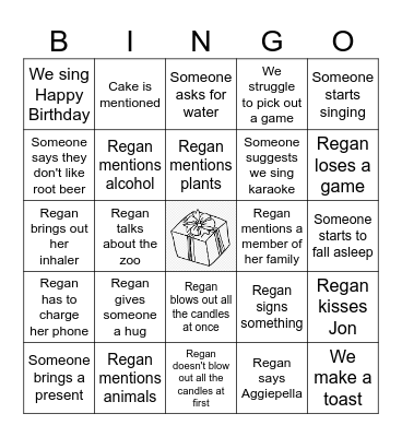 Regan's Birthday Bingo Card