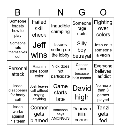 Silly boy among us night Bingo Card