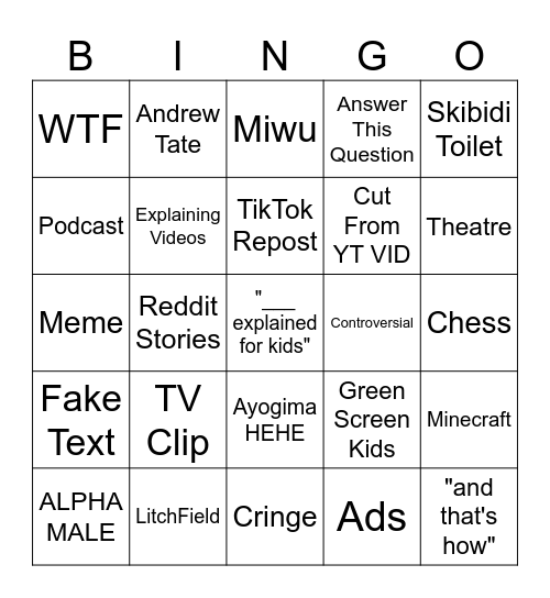 YouTube Shorts Bingo Card