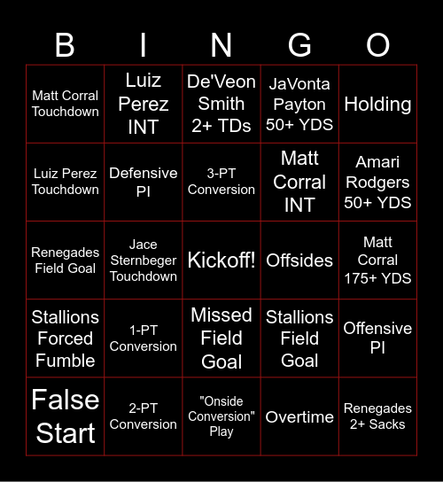 UFL Stallions @ Renegades Bingo Card