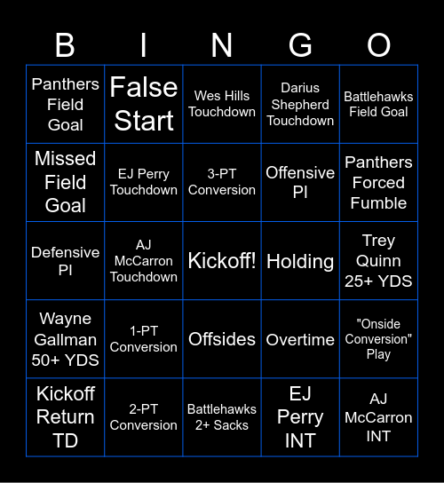 UFL Battlehawks @ Panthers Bingo Card